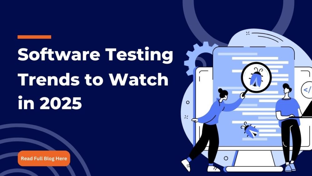 Illustration of software testing trends in 2025, highlighting AI-driven testing, cybersecurity, test automation, and accessibility testing.