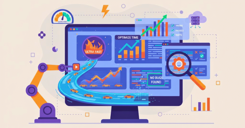 Flat design vector graphic representing performance testing. It shows a mechanical arm running a load test, visualized by cars racing on a highway flowing into a monitor displaying high-speed metrics, graphs, and a maximum speed gauge.