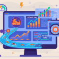 Flat design vector graphic representing performance testing. It shows a mechanical arm running a load test, visualized by cars racing on a highway flowing into a monitor displaying high-speed metrics, graphs, and a maximum speed gauge.