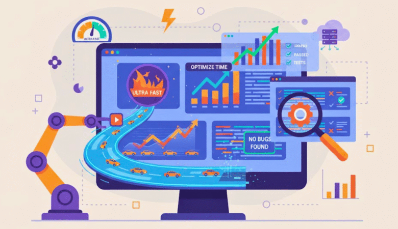 Flat design vector graphic representing performance testing. It shows a mechanical arm running a load test, visualized by cars racing on a highway flowing into a monitor displaying high-speed metrics, graphs, and a maximum speed gauge.