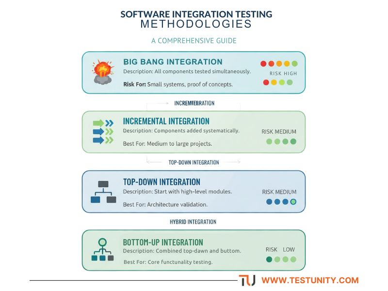 Comparison of integration testing methodologies showing Big Bang, Incremental, Top-Down, Bottom-Up and Hybrid approaches with risk levels and use cases