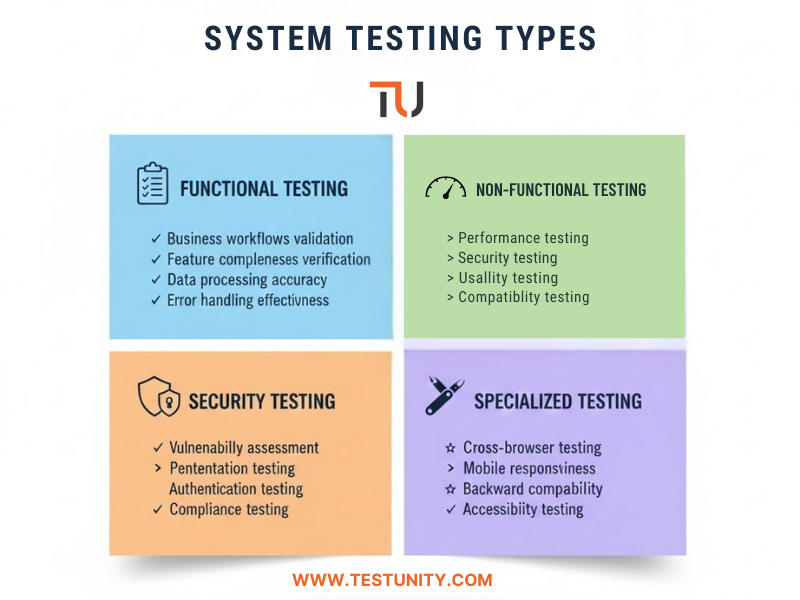 A four-quadrant matrix infographic titled "System Testing Categories," displaying the four primary types of testing methodologies on a 2x2 grid.

1. Top-Left Quadrant (Light Blue): Functional Testing Focuses on verifying "What the system does."

Business workflows: Validation of core processes.

Feature completeness: Verifying all specs are met.

Data processing: Checking accuracy of inputs/outputs.

Error handling: Effectiveness of system responses to errors.

2. Top-Right Quadrant (Light Green): Non-Functional Testing Focuses on verifying "How the system performs."

Performance testing: Load and stress checks.

Security testing: Basic safety protocols.

Usability testing: User experience and interface checks.

Compatibility testing: Environment interaction.

3. Bottom-Left Quadrant (Light Orange): Security Testing Deep-dive validation of system safety.

Vulnerability assessment: Scanning for weaknesses.

Penetration testing: Simulated cyber-attacks.

Authentication testing: Login and access control verification.

Compliance testing: Adherence to regulatory standards.

4. Bottom-Right Quadrant (Light Purple): Specialized Testing Targeted testing for specific environments.

Cross-browser testing: Consistency across web browsers.

Mobile responsiveness: Adaptability to phone/tablet screens.

Backward compatibility: Functionality with older versions.

Accessibility testing: Usability for individuals with disabilities.