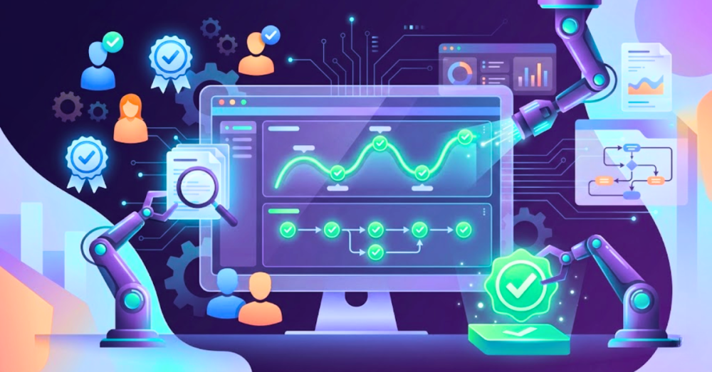 Illustration of a business application being validated through acceptance testing, showing a central screen with approved workflows, robotic tester arms, requirement icons, and glowing checkmarks representing successful verification of business requirements.