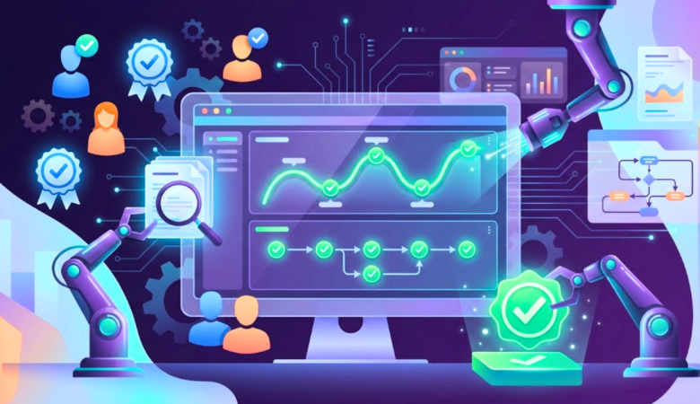 Illustration of a business application being validated through acceptance testing, showing a central screen with approved workflows, robotic tester arms, requirement icons, and glowing checkmarks representing successful verification of business requirements.