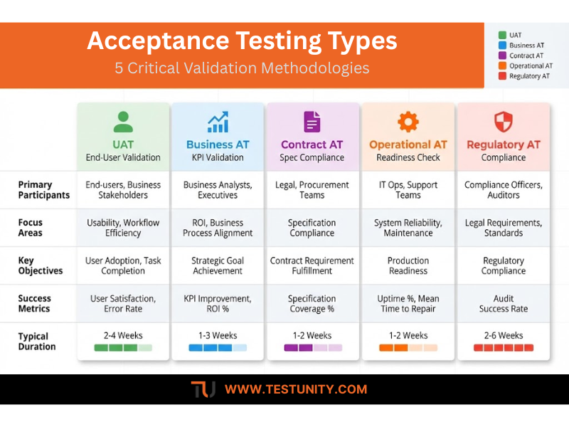 Comparison infographic showing five types of acceptance testing: User Acceptance Testing, Business Acceptance Testing, Contract Acceptance Testing, Operational Acceptance Testing, and Regulatory Acceptance Testing with their key characteristics.