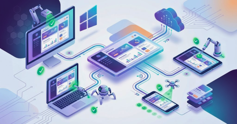 Illustration showing compatibility testing across multiple devices, with a central application interface connected to desktop, laptop, tablet, and mobile screens being validated for consistent performance.
