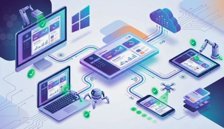 Illustration showing compatibility testing across multiple devices, with a central application interface connected to desktop, laptop, tablet, and mobile screens being validated for consistent performance.