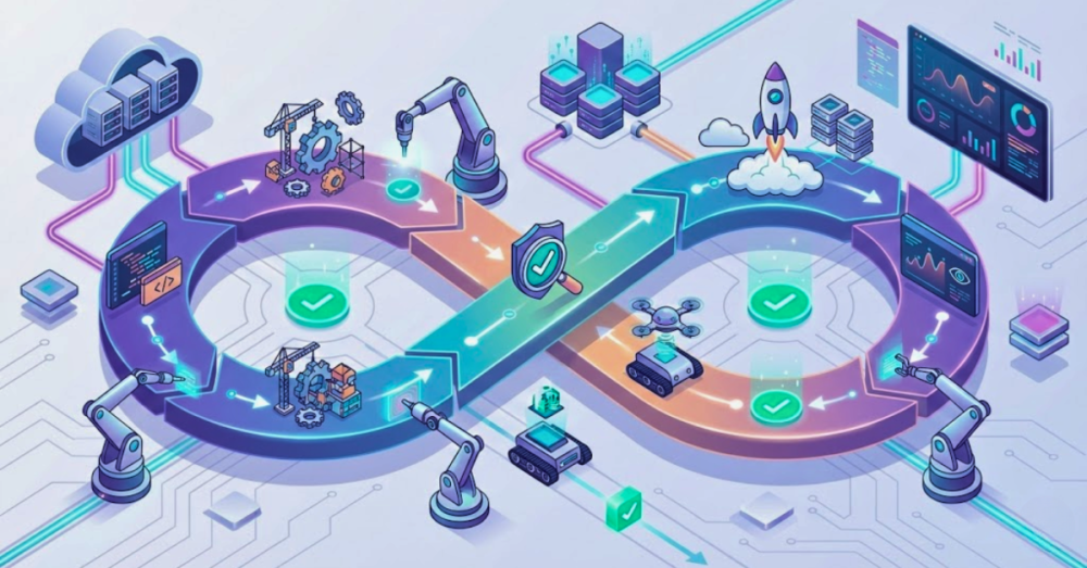 Illustration of continuous testing in a DevOps CI/CD pipeline, showing an automated loop with testing bots, cloud infrastructure, and real-time feedback checkpoints.