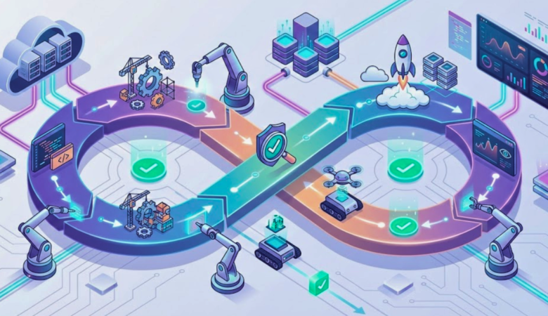 Illustration of continuous testing in a DevOps CI/CD pipeline, showing an automated loop with testing bots, cloud infrastructure, and real-time feedback checkpoints.