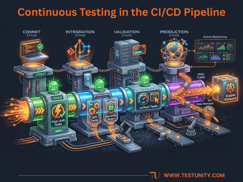 Diagram of a modern CI/CD pipeline showing how automated tests are triggered at the Commit, Integration, Validation, and Production stages.