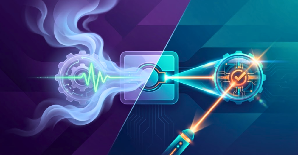 Conceptual illustration comparing smoke testing and sanity testing, showing a fast surface-level system check using smoke effects versus a focused inspection using a precision beam on a specific application module.