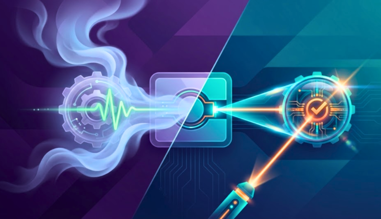 Conceptual illustration comparing smoke testing and sanity testing, showing a fast surface-level system check using smoke effects versus a focused inspection using a precision beam on a specific application module.