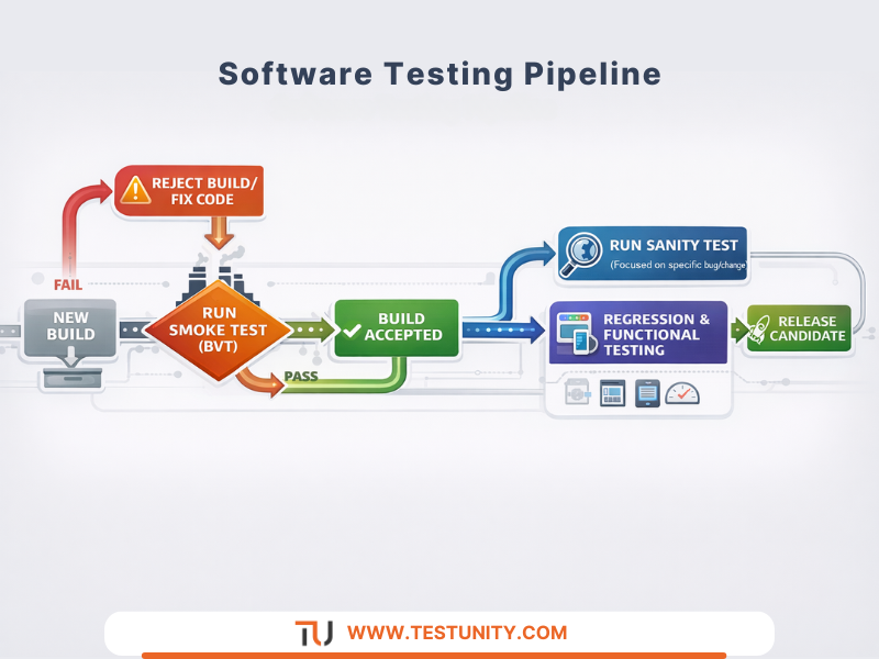 Flowchart diagram showing where smoke testing and sanity testing fit into the software build and testing pipeline.