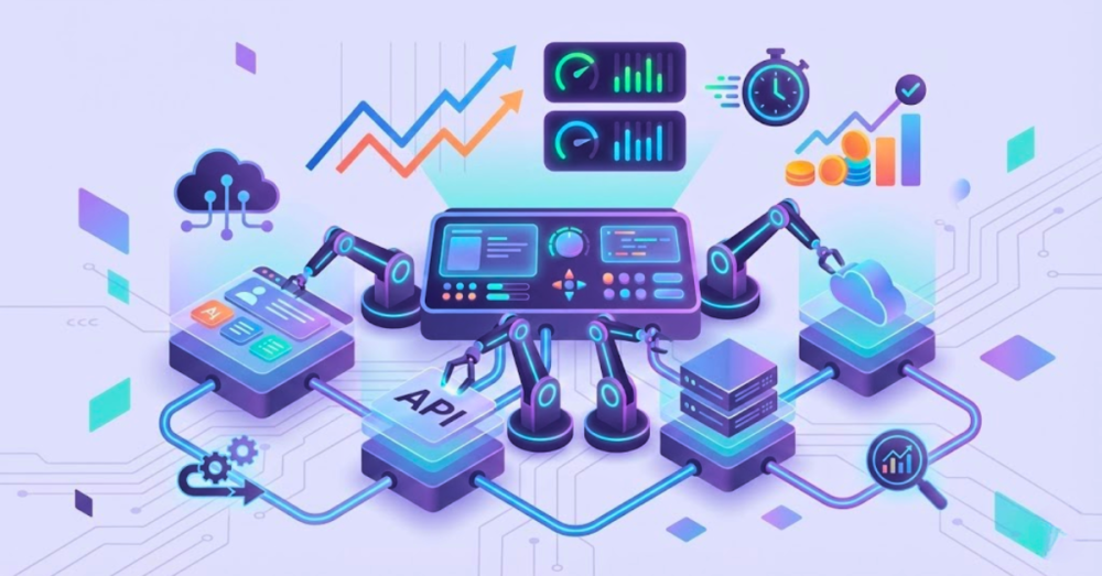 Illustration of test automation services showing robotic testing arms, automated workflows, analytics dashboards, and upward performance indicators representing strategic ROI in software testing.