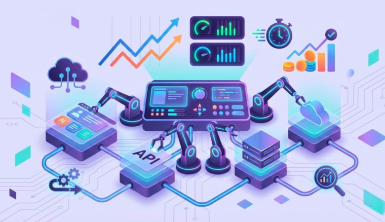 Illustration of test automation services showing robotic testing arms, automated workflows, analytics dashboards, and upward performance indicators representing strategic ROI in software testing.