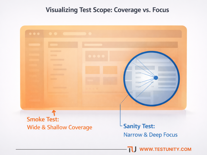 Visual representation contrasting the wide, shallow scope of smoke testing with the narrow, deep focus of sanity testing on an application.