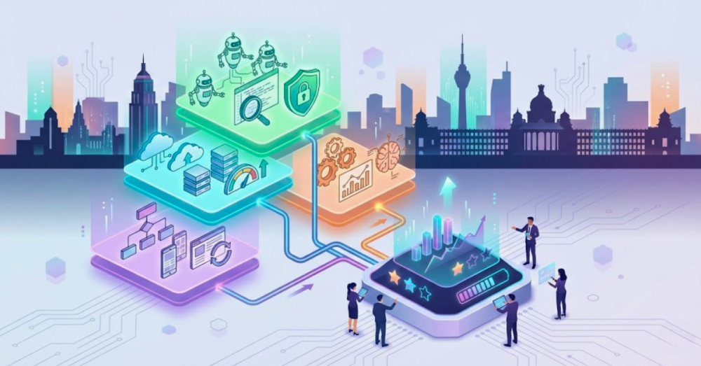 Flat-vector illustration of a data dashboard comparing software testing companies in Bangalore: floating company cards with testing icons (automation, API, security), a central analytics console with charts and progress indicators, and a faint Bangalore skyline in the background.