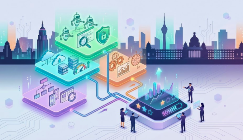Flat-vector illustration of a data dashboard comparing software testing companies in Bangalore: floating company cards with testing icons (automation, API, security), a central analytics console with charts and progress indicators, and a faint Bangalore skyline in the background.