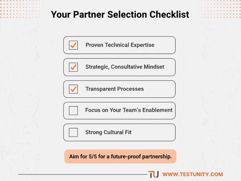Checklist for selecting a test automation partner, highlighting key criteria like technical expertise, strategic mindset, and team enablement.