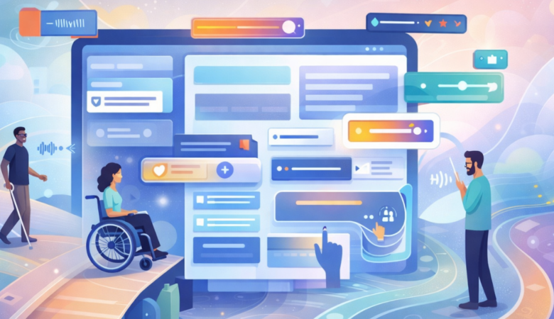 Conceptual illustration of accessibility testing showing an inclusive digital interface adapting to diverse user interactions, accessibility aids, and seamless navigation paths.