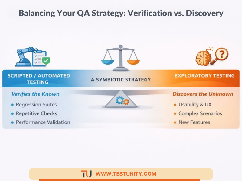 Visual spectrum comparing the roles of scripted testing (verifying the known) and exploratory testing (discovering the unknown) in a balanced QA strategy.