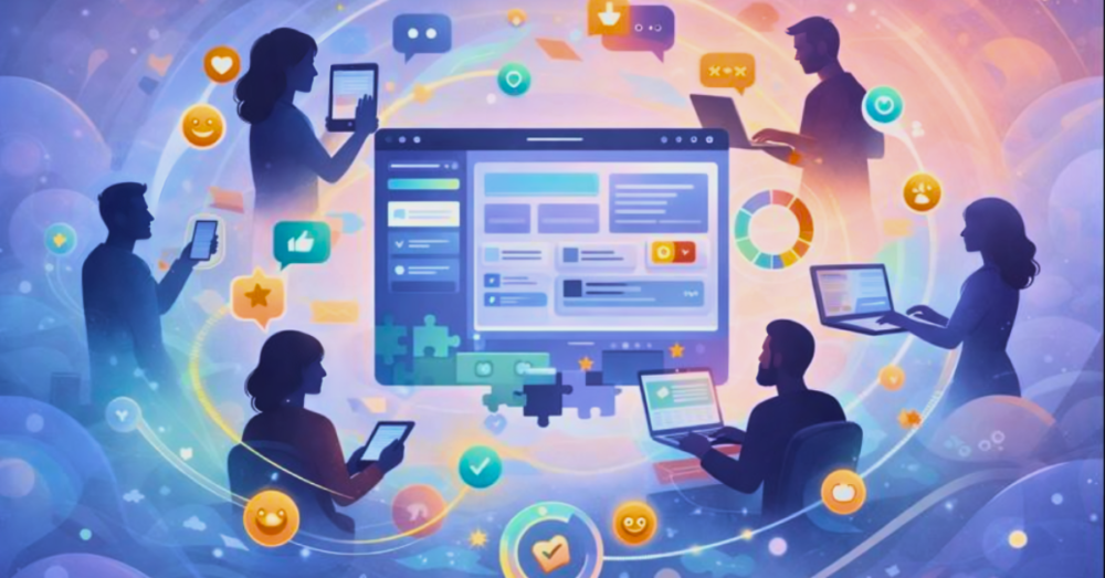 Conceptual illustration of beta testing showing real users on multiple devices providing feedback to a central software application through collaborative validation loops.