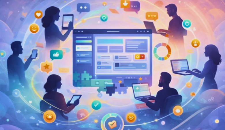 Conceptual illustration of beta testing showing real users on multiple devices providing feedback to a central software application through collaborative validation loops.