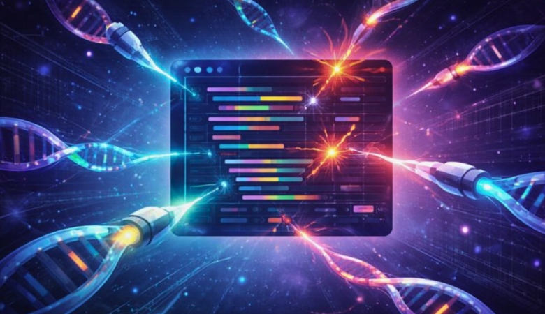 Conceptual illustration of mutation testing showing code elements mutating and automated test probes detecting defects, symbolizing measurement of test quality and strength.