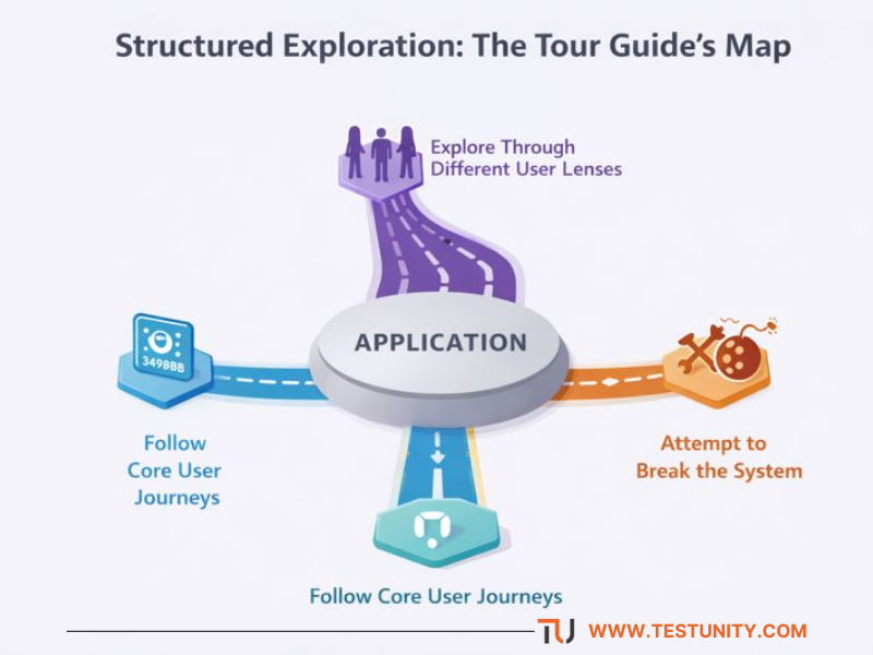 Infographic depicting different exploratory testing "tours" like Guidebook, Saboteur, and Persona-based approaches as paths on a map.