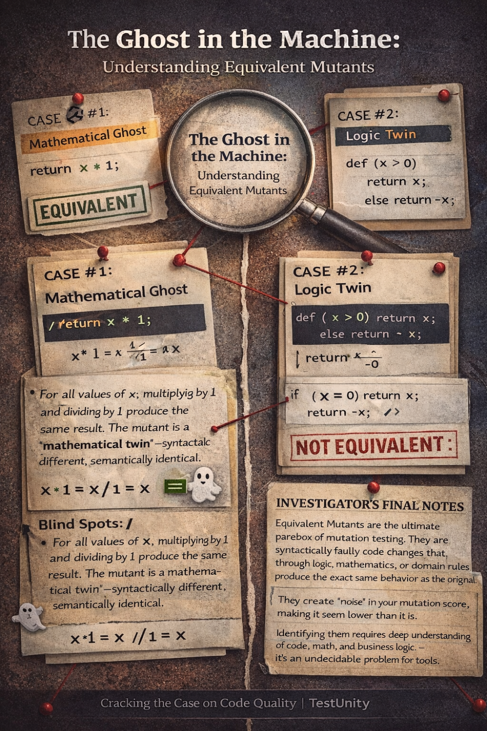 Infographic styled as a detective's case board explaining the 'Equivalent Mutant' problem in mutation testing. It shows three investigation cases comparing original and mutant code to determine if they are equivalent, not equivalent, or context-dependent.