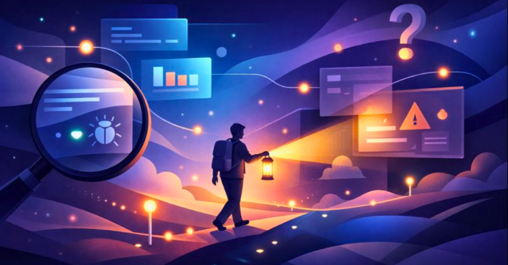 Conceptual illustration of exploratory testing showing a tester exploring a digital application landscape, uncovering hidden paths, UI elements, and system behaviors through discovery and intuition.