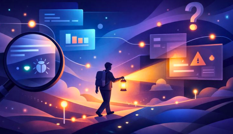 Conceptual illustration of exploratory testing showing a tester exploring a digital application landscape, uncovering hidden paths, UI elements, and system behaviors through discovery and intuition.