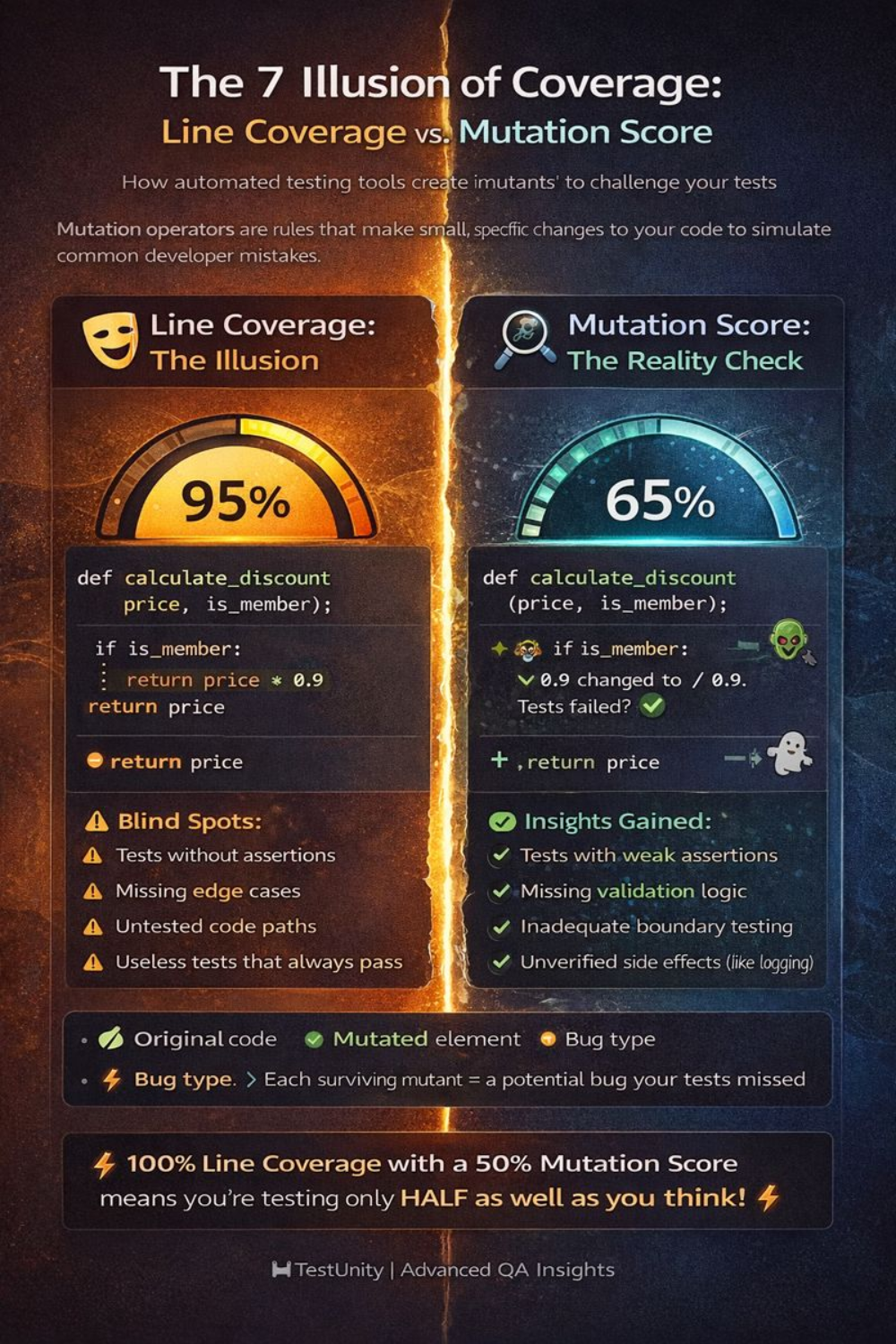 Infographic comparing Line Coverage vs. Mutation Score. Left side shows a 95% coverage gauge with highlighted code but hidden blind spots. Right side shows a 65% mutation score gauge with mutant bugs revealing test suite weaknesses.`