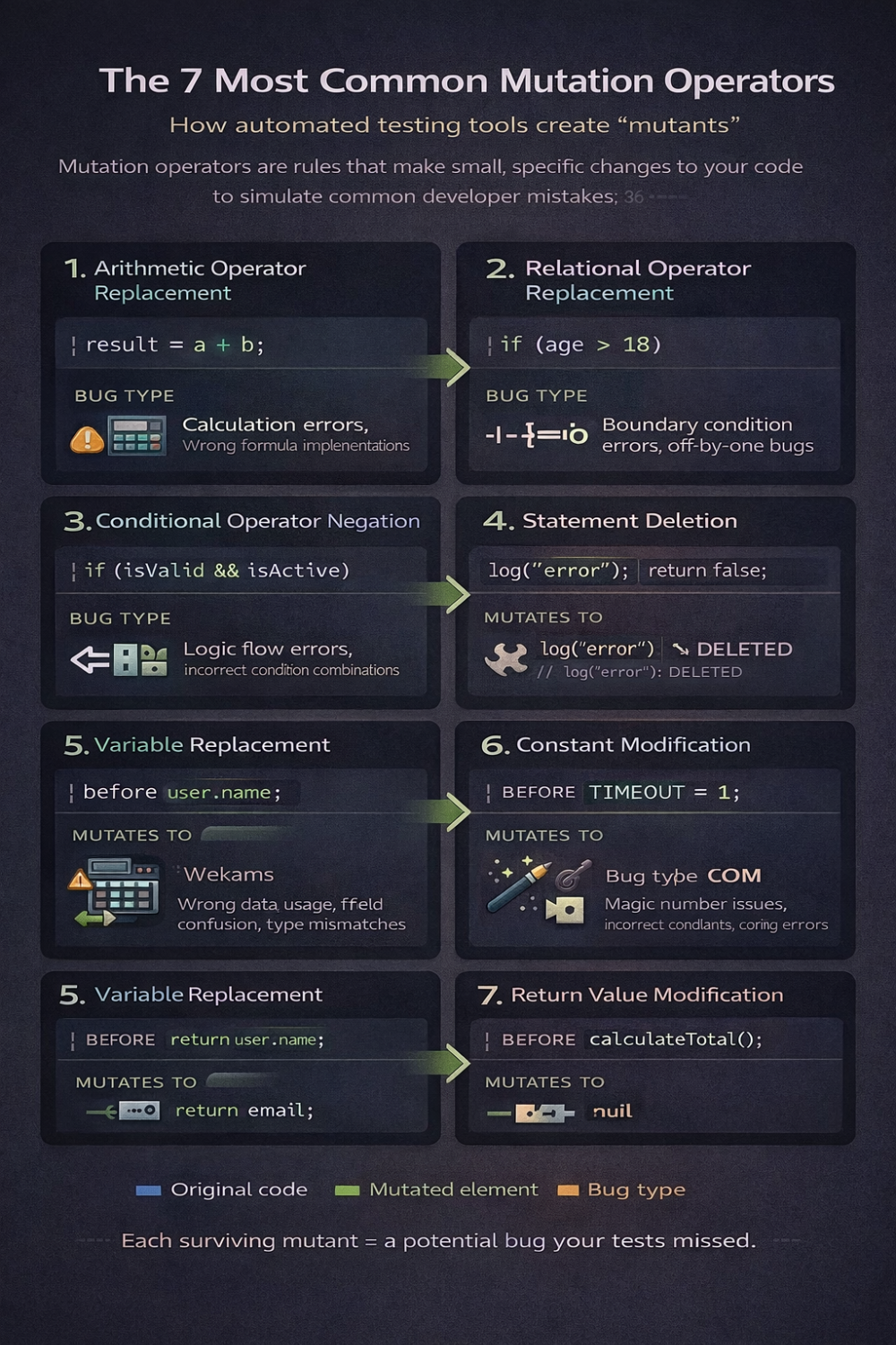 Infographic explaining the 7 most common mutation operators in software testing. It shows seven cards, each with a before-and-after code example demonstrating a specific code fault like Arithmetic Operator Replacement (changing + to -) and Relational Operator Replacement (changing > to >=).