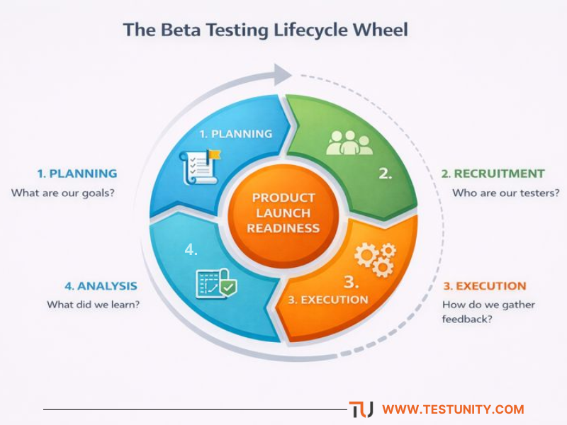 Infographic of the beta testing lifecycle wheel, showing the four interconnected phases: Planning, Recruitment, Execution, and Analysis.