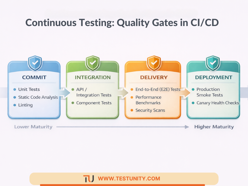 Diagram of a CI/CD pipeline showing quality gates with specific test types at each stage: Commit, Integration, Delivery, and Deployment.