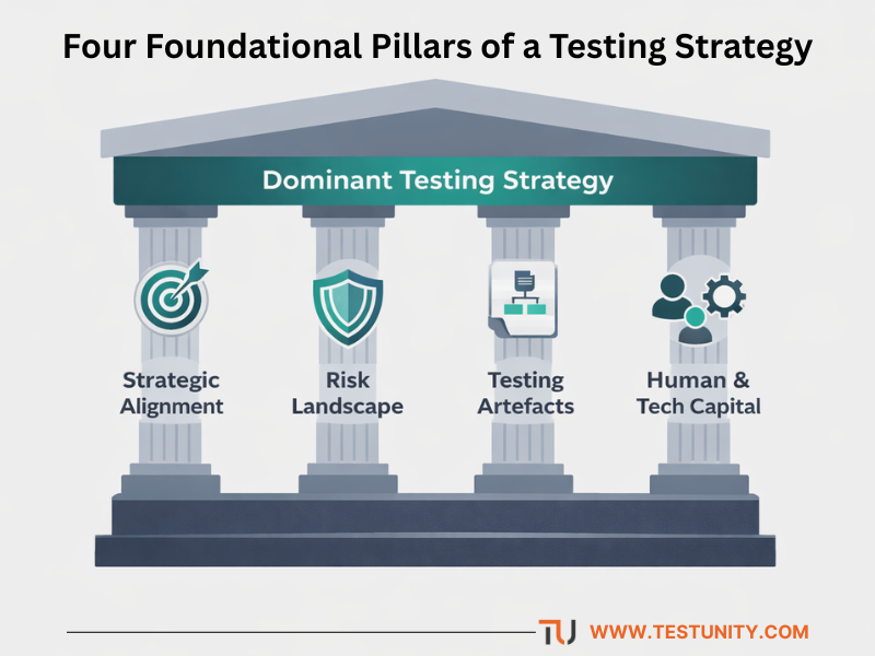 Diagram illustrating the four foundational pillars of a testing strategy: Strategic Alignment, Risk Landscape, Testing Artefacts, and Human & Tech Capital, supporting the overall structure.
