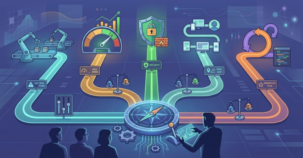 Conceptual illustration of a strategic decision framework for selecting software testing types, showing multiple testing paths branching from a central decision hub with evaluation checkpoints.