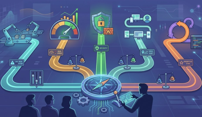 Conceptual illustration of a strategic decision framework for selecting software testing types, showing multiple testing paths branching from a central decision hub with evaluation checkpoints.
