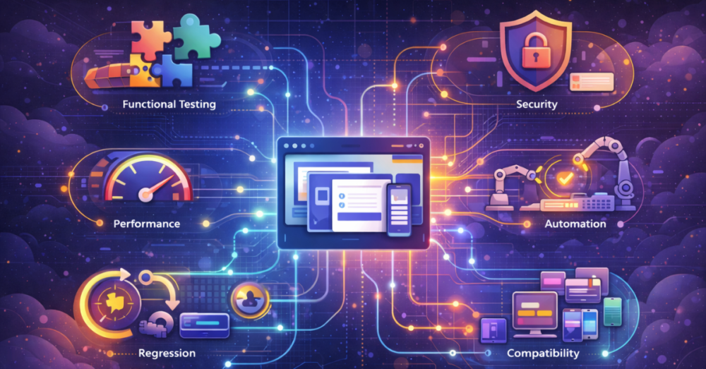 Visual cheat-sheet illustration showing different software testing types branching from a central application, including functional, performance, security, automation, and exploratory testing with real-world usage metaphors.