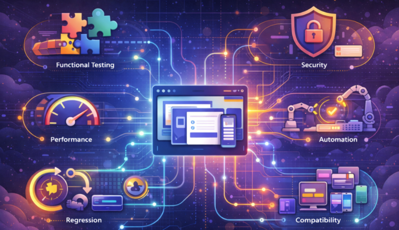 Visual cheat-sheet illustration showing different software testing types branching from a central application, including functional, performance, security, automation, and exploratory testing with real-world usage metaphors.
