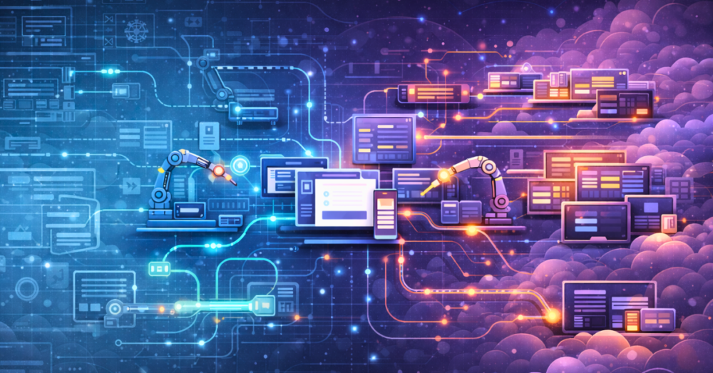 Conceptual illustration showing a test automation strategy evolving from blueprint planning into a fully operational and scalable automated testing system.