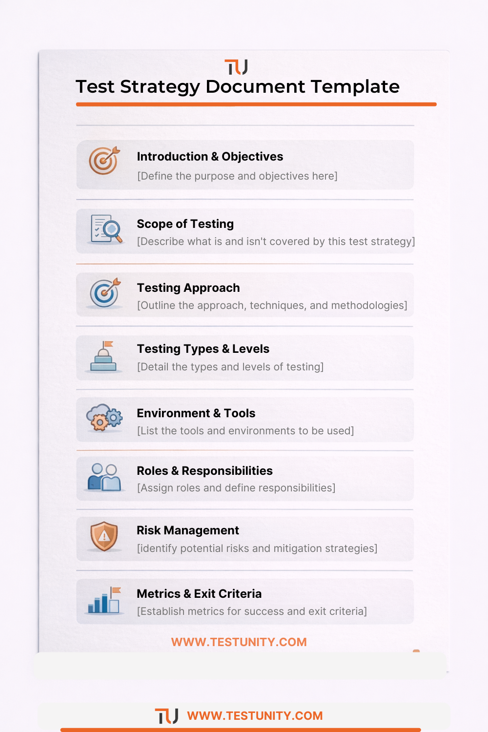 Visual preview of a test strategy document template showing the structure with sections for introduction, scope, approach, testing types, tools, roles, risks, and metrics.