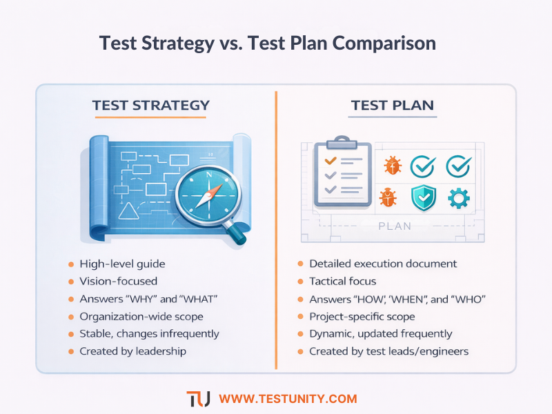 Side-by-side comparison chart showing key differences between a test strategy and a test plan, including focus, scope, level, and stability.