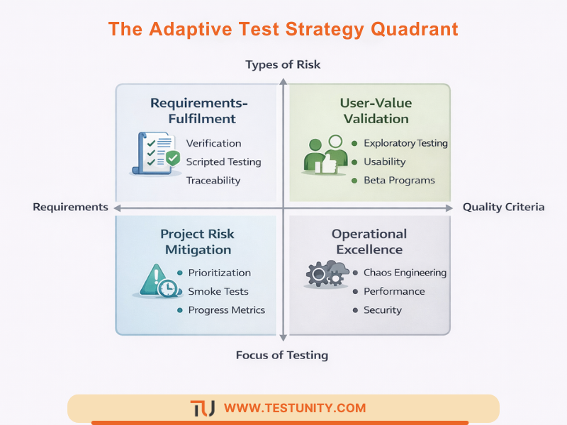 Four-quadrant model for adaptive test strategy: Requirements-Fulfillment, User-Value Validation, Project Risk Mitigation, and Operational Excellence, mapped against Product/Project Risks and Requirements/Quality Criteria.