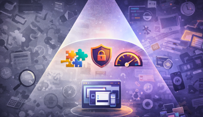 Editorial-style illustration showing strategic selection of software testing types, with a focus lens filtering chaotic testing elements into a clear, prioritized set.