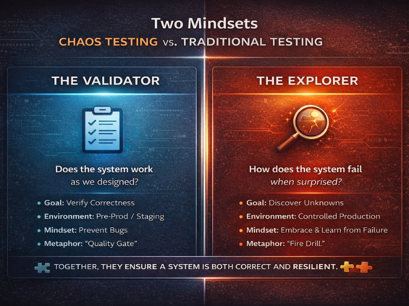 Split-screen infographic comparing Traditional Testing (The Validator) with Chaos Testing (The Explorer). The left side in blue lists: Goal is verifying correctness, Environment is pre-production, Mindset is preventing bugs, Metaphor is a Quality Gate. The right side in amber/red lists: Goal is discovering unknowns, Environment is controlled production, Mindset is learning from failure, Metaphor is a Fire Drill. Footer states they together ensure correctness and resilience.