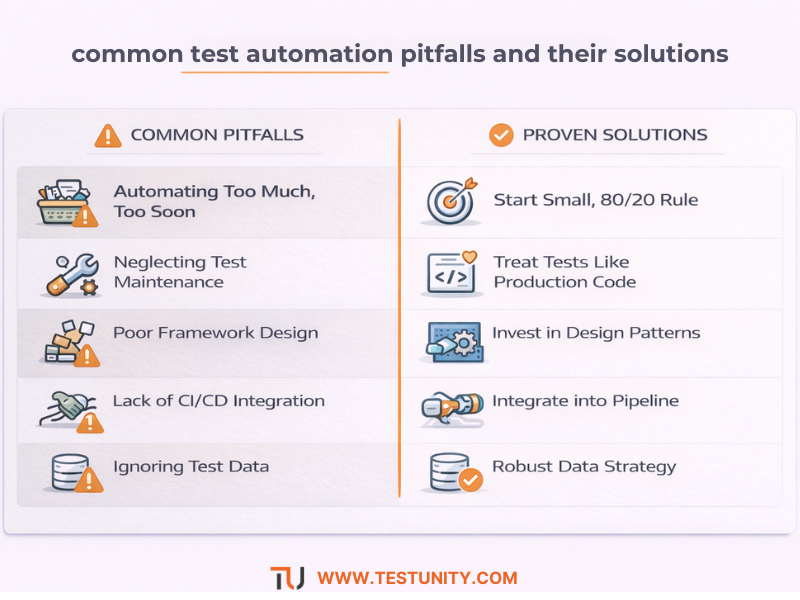 Visual summary of common test automation pitfalls and their solutions, including automating too much, neglecting maintenance, poor framework design, lack of CI/CD integration, and ignoring test data.