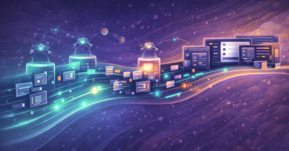 Conceptual illustration of CI/CD testing showing a continuous flowing pipeline where application components are automatically validated and refined in real time.