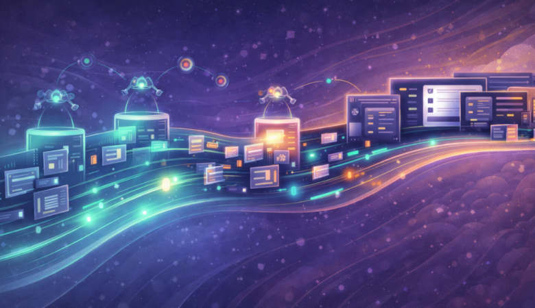 Conceptual illustration of CI/CD testing showing a continuous flowing pipeline where application components are automatically validated and refined in real time.